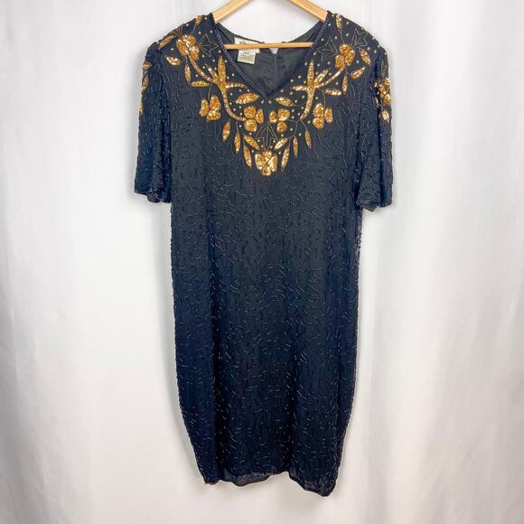 Vintage Beaded Cocktail Dress Size 2X Black Gold‎ Sequins B2 & US by Marx & John - Picture 15 of 15